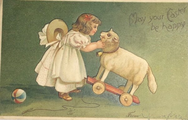 画像1: Postcard　アンティークポストカード　イースター　羊のプルトイと女の子　 (1)