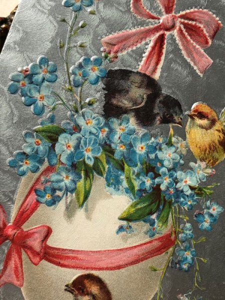 画像3: Postcard　アンティークポストカード　イースター　卵とヒヨコ　リボン　忘れな草のお花　（未使用） (3)