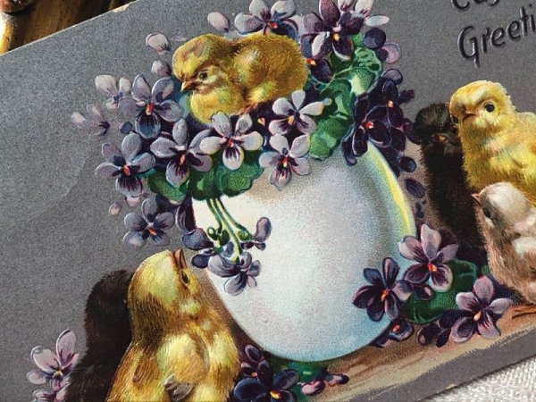画像3: Postcard　アンティークポストカード　イースター　卵とヒヨコ　スミレのお花 (3)