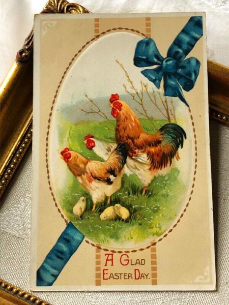画像2: Postcard アンティークポストカード イースター  ニワトリとヒヨコ 青いリボン 1911年 (2)