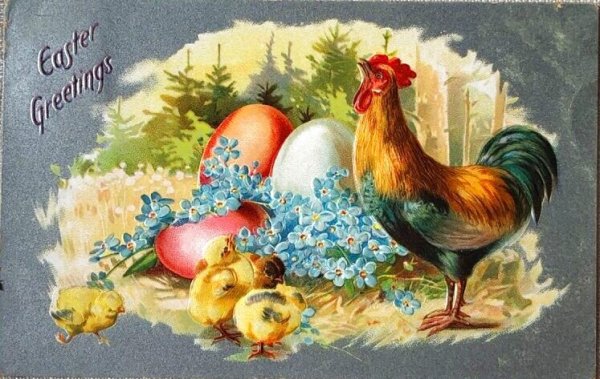 画像1: Postcard　アンティークポストカード　イースター　卵とヒヨコ　卵　忘れな草のお花　1909年 (1)