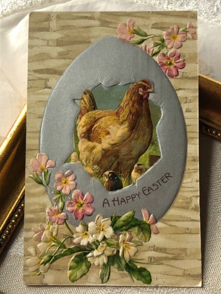 画像2: Postcard　アンティークポストカード　イースター　銀色の卵　ニワトリとヒヨコ　プリムローズ (2)