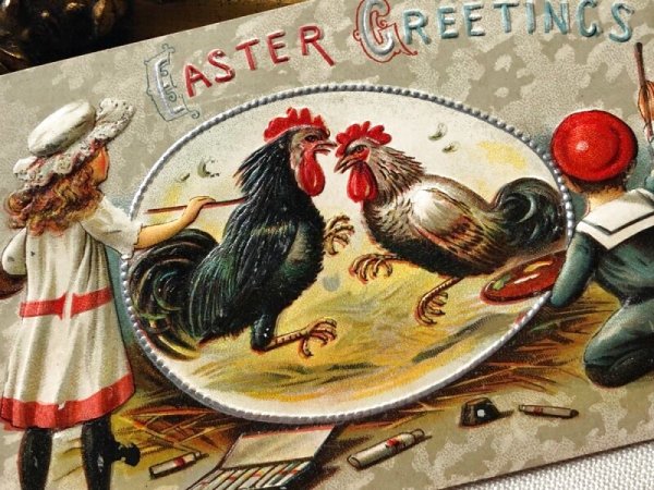 画像3: Postcard アンティークポストカード イースター  ニワトリの絵を描く子どもたち 1914年 (3)