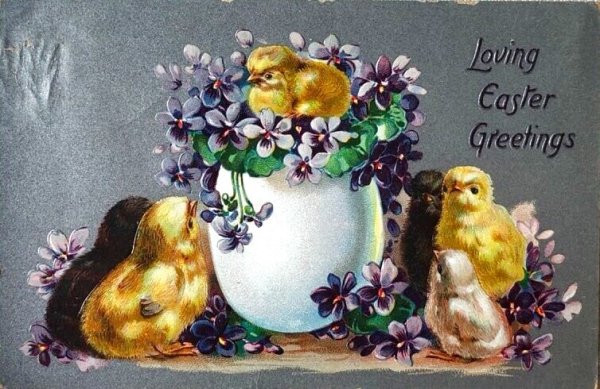 画像1: Postcard　アンティークポストカード　イースター　卵とヒヨコ　スミレのお花 (1)