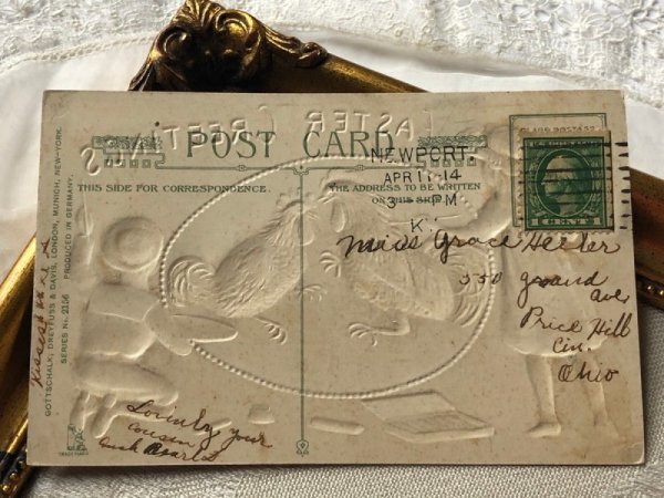 画像4: Postcard アンティークポストカード イースター  ニワトリの絵を描く子どもたち 1914年 (4)