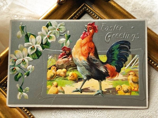 画像2: ▼SALE 500▼ Postcard アンティークポストカード イースター  ニワトリとヒヨコ 白スミレ (未使用) (2)