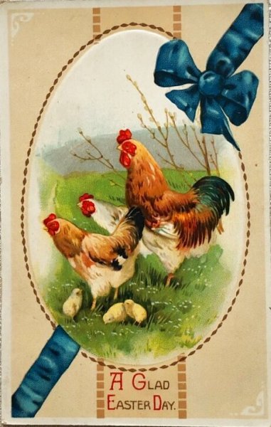 画像1: Postcard　アンティークポストカード　イースター　　ニワトリとヒヨコ　青いリボン　1911年 (1)