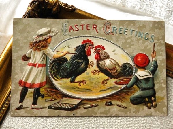 画像2: Postcard アンティークポストカード イースター  ニワトリの絵を描く子どもたち 1914年 (2)