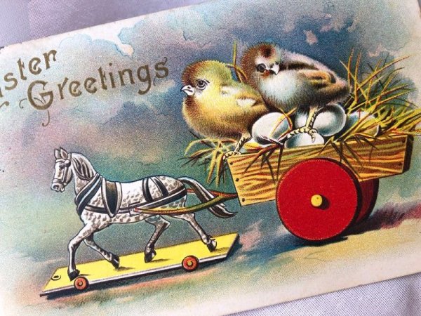 画像2: Postcard　アンティークポストカード　イースター　ヒヨコと卵と木馬の玩具　1908年 (2)