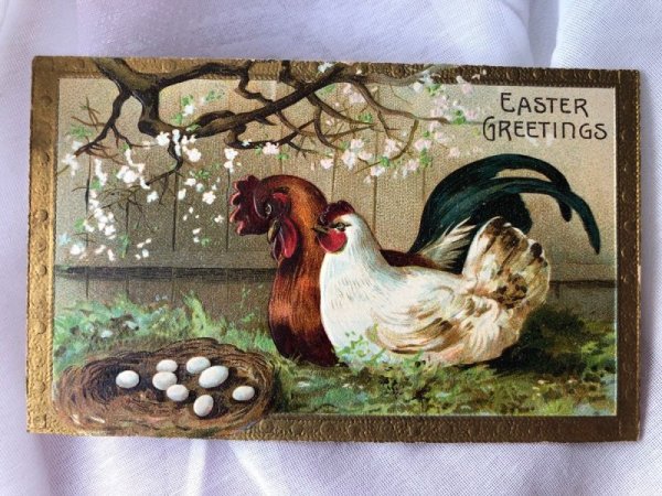 画像1: Postcard　アンティークポストカード　イースター　ニワトリ　雌鶏　雄鶏　卵　1909年 (1)