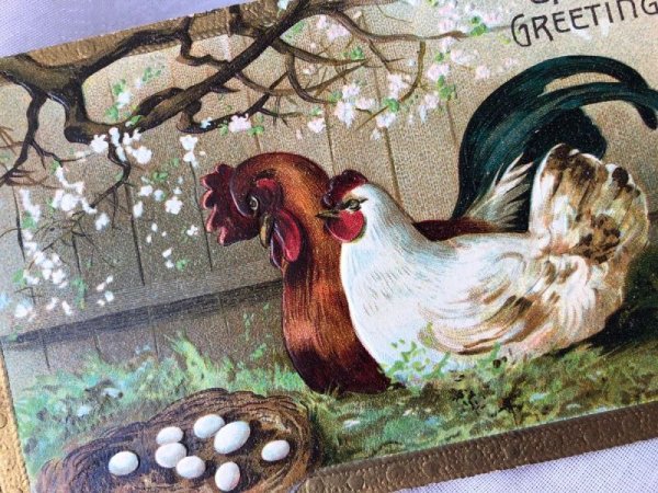 画像2: Postcard アンティークポストカード イースター ニワトリ 雌鶏 雄鶏 卵 1909年 (2)