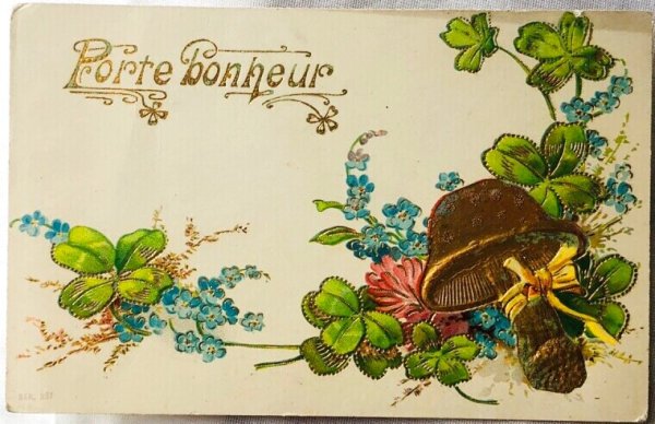 画像1: Postcard　アンティークポストカード　金色のキノコと四つ葉のクローバー　忘れな草のお花　（未使用） (1)
