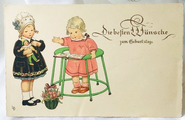 画像1: Postcard 　アンティークポストカード   歩行器の赤ちゃんとお人形さんと女の子　Lia Doring 　（未使用） (1)