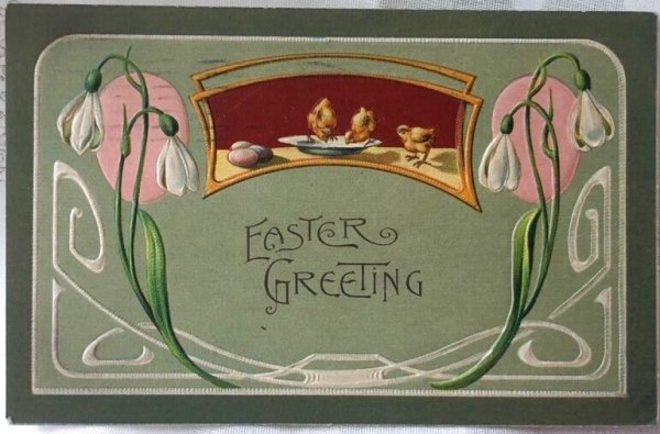 画像1: Postcard　アンティークポストカード　イースター　ニワトリとスノードロップのお花 (1)
