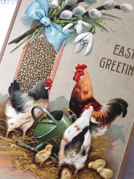 画像2: Postcard　アンティークポストカード　イースター　ヒヨコとニワトリ　ネコヤナギ　 (2)