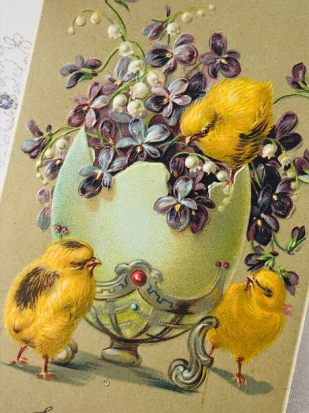 画像2: Postcard アンティークポストカード イースター ヒヨコとスミレのお花のイースターエッグ (2)