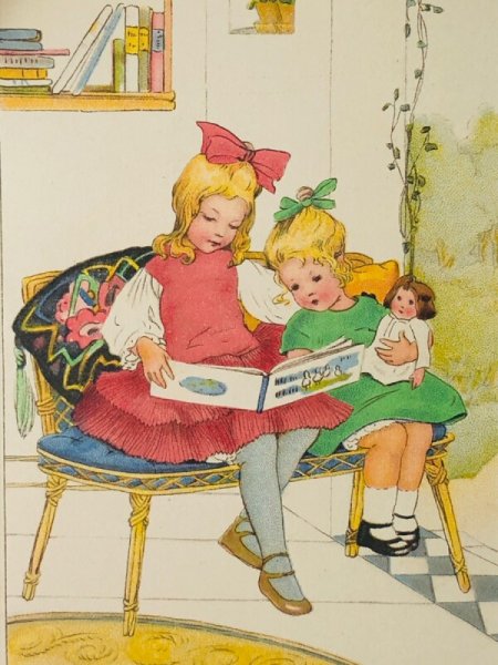 画像2: Postcard  アンティークポストカード   絵本を読む女の子 お人形 Lia Doring  (未使用) (2)