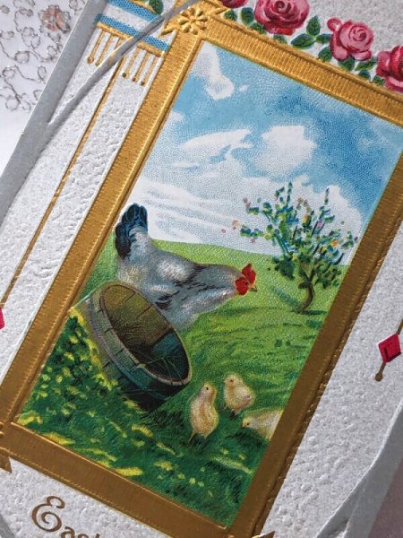 画像2: Postcard　アンティークポストカード　イースター　ヒヨコとニワトリ　薔薇のお花　1911年 (2)