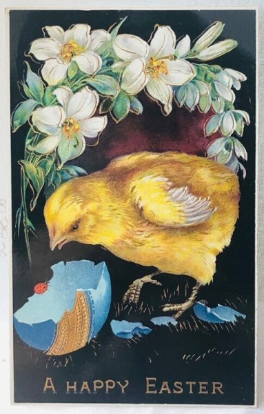 画像1: Postcard　アンティークポストカード　イースター　ヒヨコとテントウムシ　白百合のお花 (1)
