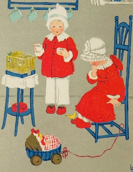 画像2: Postcard  アンティークポストカード   小鳥と遊ぶ子どもたち 赤い服 Lia Doring  (未使用) (2)