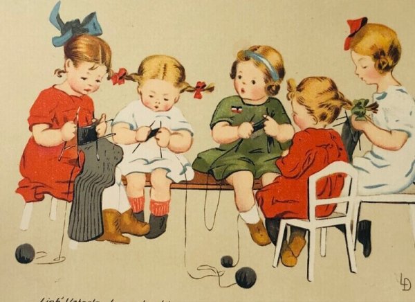 画像2: Postcard  アンティークポストカード   編み物をする女の子たち Lia Doring  1915年 (2)