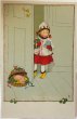 画像1: Postcard 　アンティークポストカード   手紙とキノコを運んできた女の子　子豚　Lia Doring （未使用） (1)