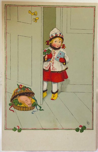 画像1: Postcard 　アンティークポストカード   手紙とキノコを運んできた女の子　子豚　Lia Doring （未使用） (1)