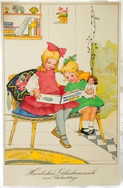 画像1: Postcard 　アンティークポストカード   絵本を読む女の子　お人形　Lia Doring 　（未使用） (1)