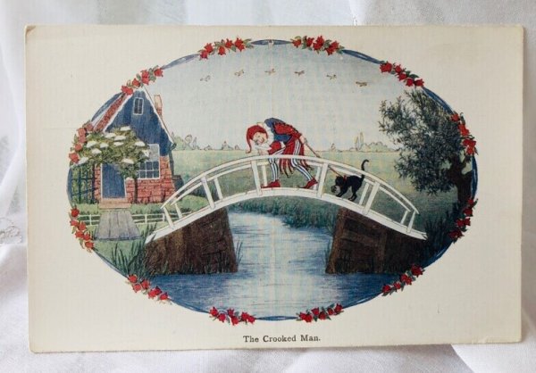 画像1: Postcard 　アンティークポストカード 童謡  The Crooked Man　背中の曲がった男　道化師　黒猫　マザーグース　H. Willebeek Le Mair 　（未使用） (1)
