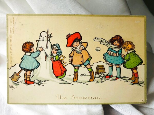 画像1: Postcard　アンティークポストカード　雪だるまを作って遊ぶ子どもたち　スノーマン　 H.G.C. Marsh　1912年 (1)
