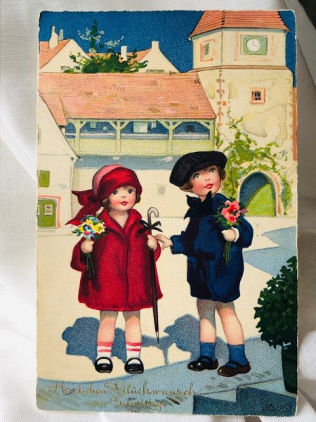 画像1: Postcard　アンティークポストカード　仲良しの子どもたち　Fritz Baumgarten　スイス1928年 (1)