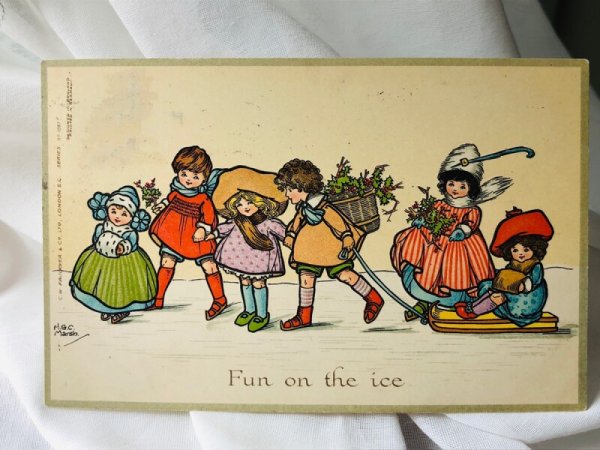 画像1: Postcard　アンティークポストカード　ソリ遊びをする子どもたち　 H.G.C. Marsh　1912年 (1)