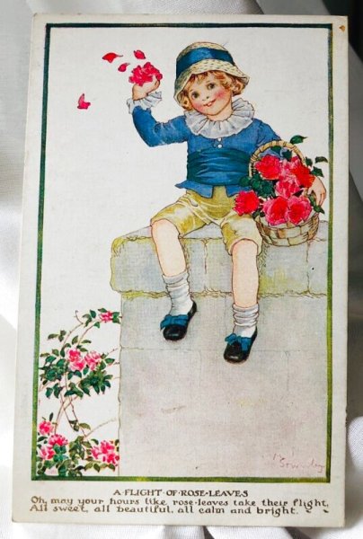 画像1: Postcard　アンティークポストカード　薔薇を振りまく男の子　Millicent Sowerby　（未使用） (1)