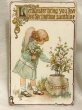 画像1: Postcard　アンティークポストカード　イースター　デイジー（マーガレット）のお花を摘む女の子　（未使用） (1)