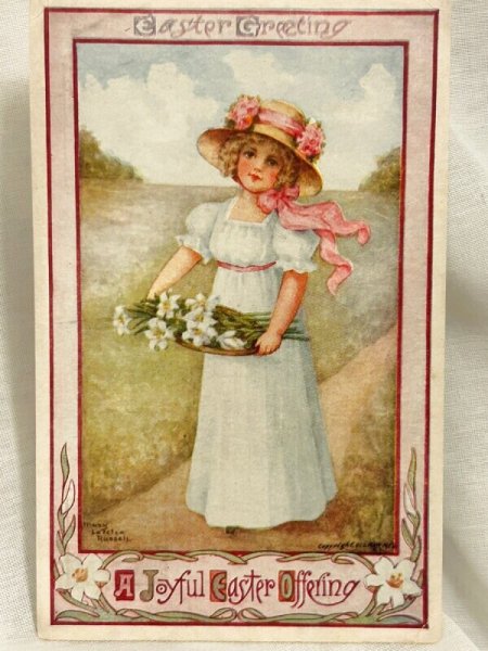 画像1: Postcard　アンティークポストカード　イースター　白百合のお花を運ぶ女の子　Mary Russell　1911年 (1)