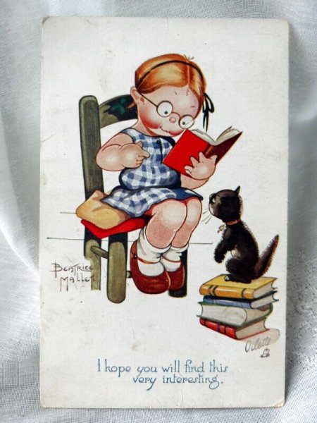 画像1: Postcard　アンティークポストカード　本を読む女の子と黒猫　 Beatrice Mallet (1)