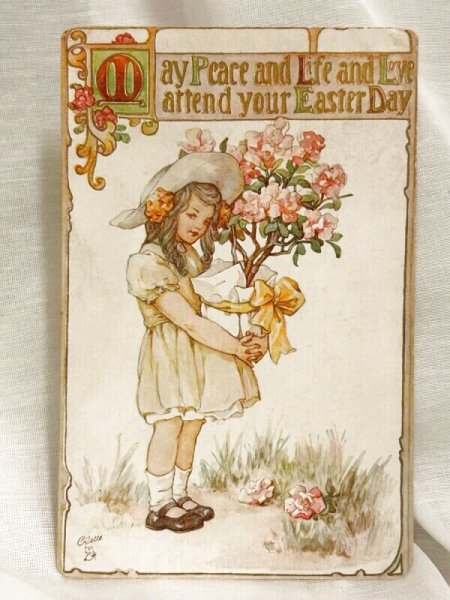 画像1: Postcard　アンティークポストカード　イースター　お花と女の子 (1)