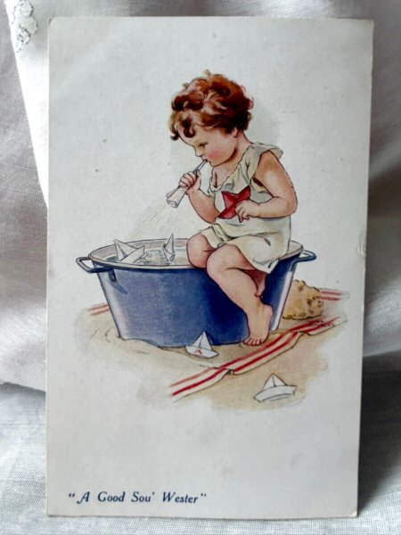 画像1: Postcard　アンティークポストカード　折り紙ヨットで遊ぶ子ども　Nina Brisley　1920年 (1)