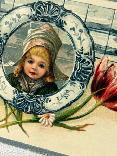 画像2: Postcard　アンティークポストカード　オランダの女の子　チューリップ　タイル (2)
