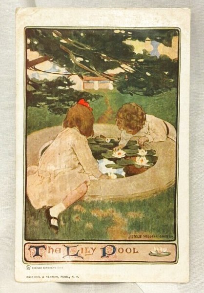 画像1: Postcard　アンティークポストカード　お庭の池の睡蓮で遊ぶ子どもたち  Jessie Willcox Smith (1)
