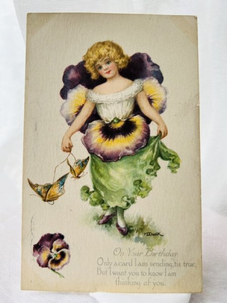 画像1: Postcard　アンティークポストカード　パンジーのお花の妖精　M.Dulk　1916年 (1)
