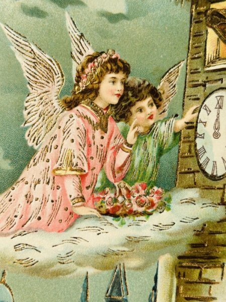 画像2: Postcard  アンティークポストカード 新年祝い New Year 時計台の天使 (未使用) (2)