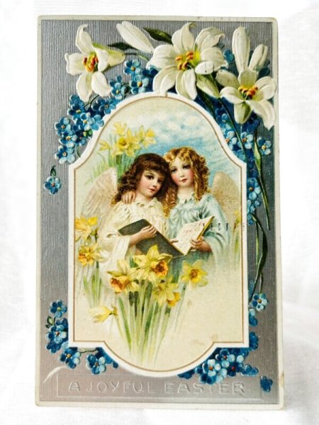 画像1: Postcard  アンティークポストカード　イースター　水仙のお花と天使　F.Brundage ブランデージ 1911年 (1)