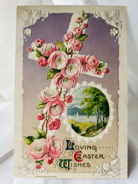 画像1: Postcard  　アンティークポストカード　イースター　薔薇のお花と十字架　1912年 (1)