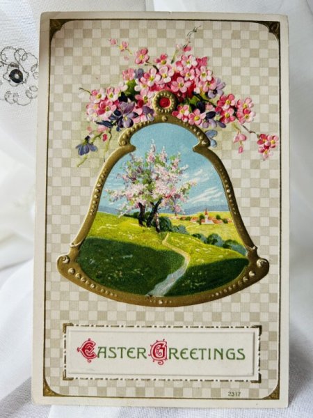 画像1: Postcard  　アンティークポストカード　イースター　桃（桜）のお花の風景　 (1)