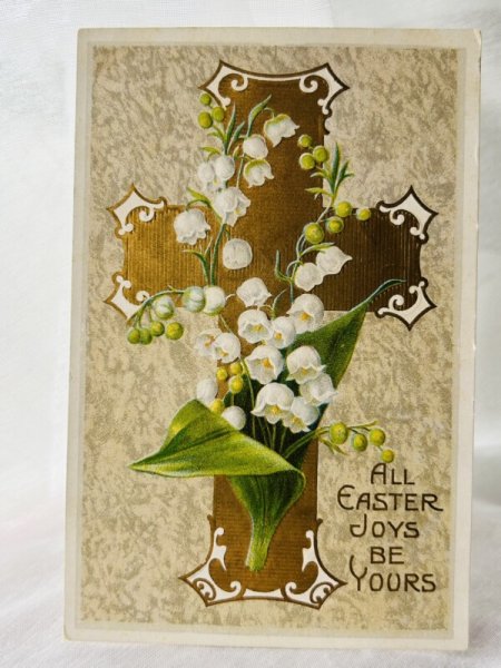 画像1: Postcard  　アンティークポストカード　イースター　スズランのお花と十字架 (1)