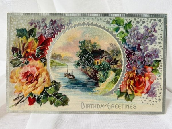 画像1: Postcard  　アンティークポストカード　薔薇のお花と水辺の風景　 (1)