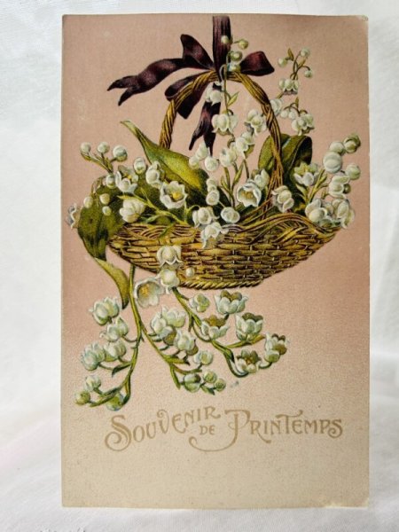 画像1: Postcard  　アンティークポストカード　スズランのお花かご　パニエ (1)