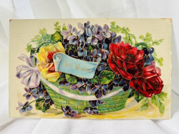 画像1: Postcard  　アンティークポストカード　スミレと薔薇のお花かご　パニエ　1908年 (1)