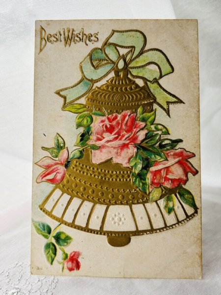 画像1: Postcard  　アンティークポストカード　　薔薇のお花のベル　1908年 (1)